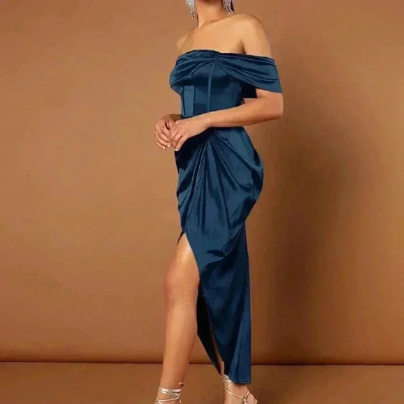 Blue Preppy Womens Off Shoulder Ruched Draped Asymmetrical Hem Dress - Picture 3 of 5